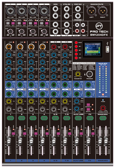 מיקסר מותג PRO TECH דגם BM1204DFX סליידים 4 מונו 2 סטריאו עם REC/USB/BT וכולל אפקט